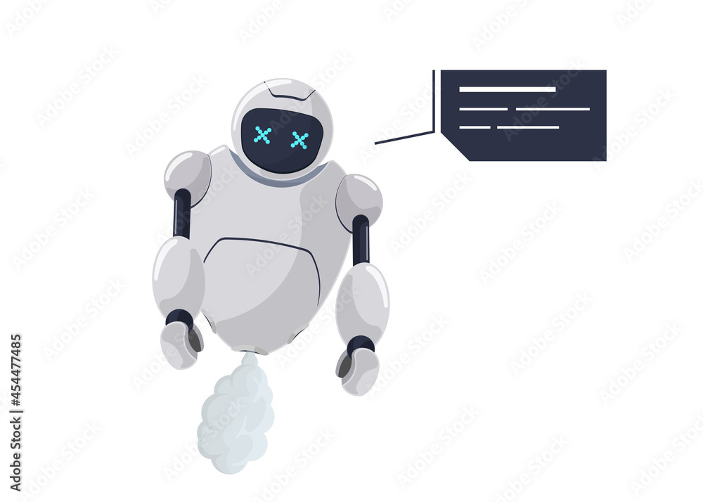 Cute white flying robot character broken. Futuristic chatbot mascot disabled with speech bubble. Tech cartoon online bot communication error. Robotic AI assistance talk failure. Vector illustration Cute white flying robot character broken. Futuristic chatbot mascot disabled with speech bubble. Tech cartoon online bot communication error. Robotic AI assistance talk failure. Vector illustration