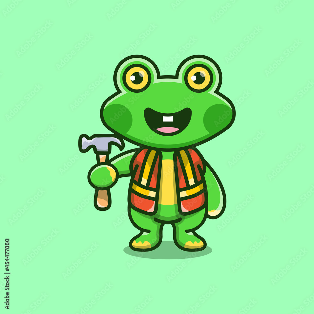 Obraz premium cute frog builder carrying hammer