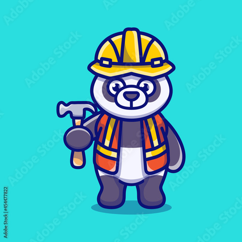 cute panda builder carrying hammer