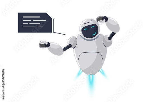 Cute white flying robot character thinking. Futuristic chatbot mascot embarrassment with speech bubble. Tech cartoon online confused bot. Robotic AI assistance talk mental activity emotion. Vector eps