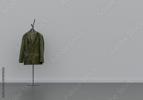 A coat on a hanger, cloth and accessories in a grey interior room with copy space, 3d Rendering