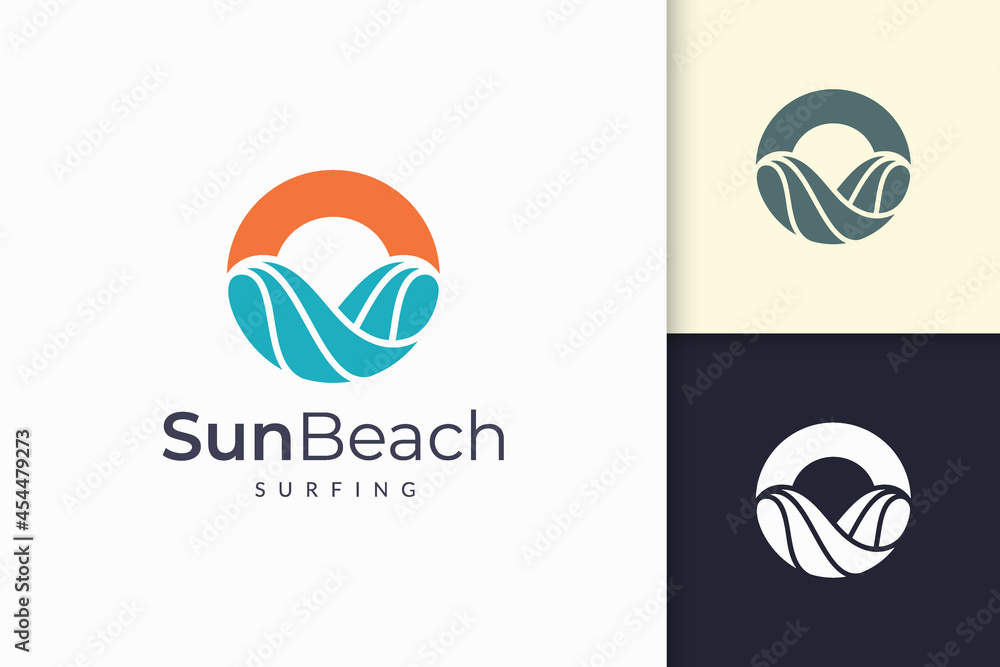 Fototapeta premium Ocean or sea logo in abstract water wave and sun represent adventure
