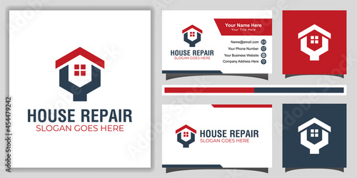 modern simple fix home repair service logo template with business card design