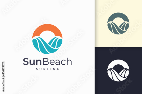 Ocean or sea logo in abstract water wave and sun represent adventure