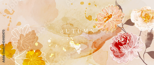 Autumn background design  with watercolor brush texture, Flower and botanical leaves watercolor hand drawing. Abstract art wallpaper design for wall arts, wedding and VIP invite card. vector eps10