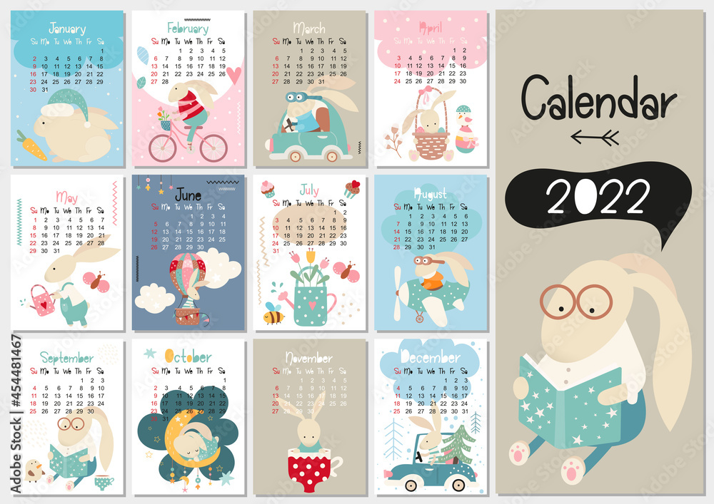 Calendar 2022. Yearly Planner Calendar with all Months. Templates with cute bunny, rabbit, hare. Vector illustration. Great for kids, nursery, poster and printable.