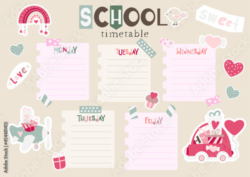 Kids timetable for school, preschool weekly schedule. Vector illustration.