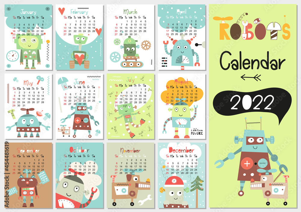 Calendar 2022. Yearly Planner Calendar with all Months. Templates with cute robot. Vector illustration. Great for kids, nursery, poster and printable.