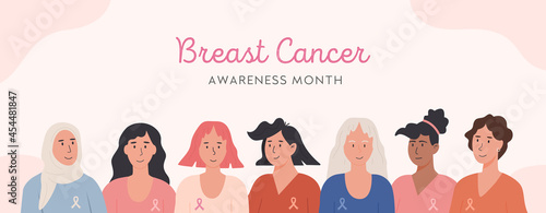 Breast Cancer awareness month horizontal banner. Flat style group of diverse ethnic women with awareness pink ribbon. Vector background of happy female cancer survivors.