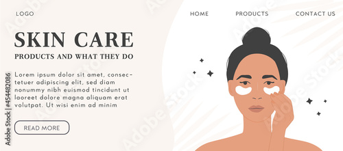 Woman with eye patches. Skin care routine horizontal banner or landing page template with place for text. Cosmetic spa procedures for face. Vector illustration in flat cartoon style.