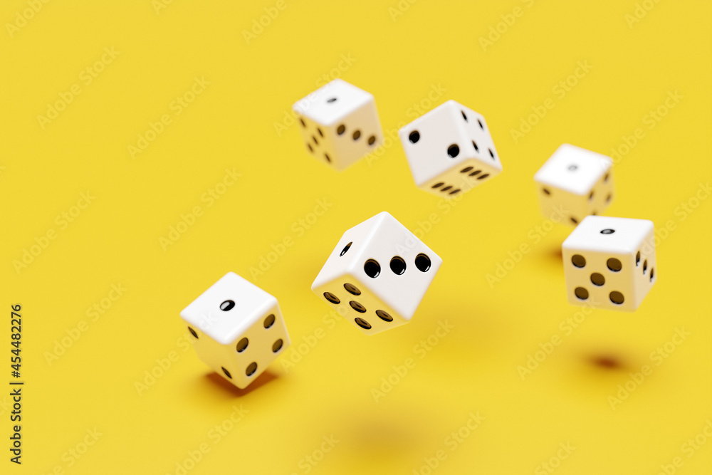 White dice fly on yellow background . Two dice casino game template concept. Casino background. White dice fly on yellow background . Two dice casino game template concept. Casino background.