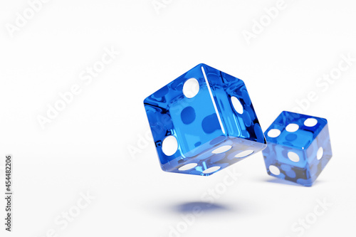 3D illustration closeup of a pair of blue  dices over white background. Blue dice in flight. Casino gambling.