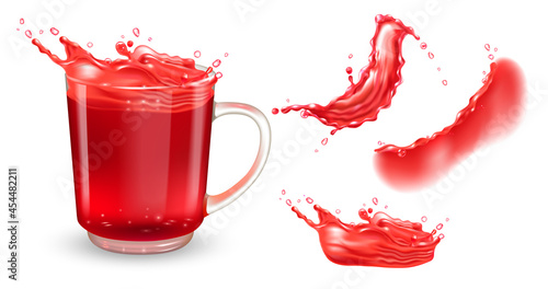 Set of tea transparent cup with red hibiscus tea and red liquid splashes. Isolated on white background. Vector realistic design elements.