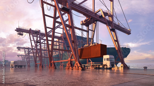 Crane unloading containers from a freight ship. Sea cargo port, industrial cranes, harbor cargo terminal. Import export business, shipment logistic, transportation, shipping industry 3D illustration photo