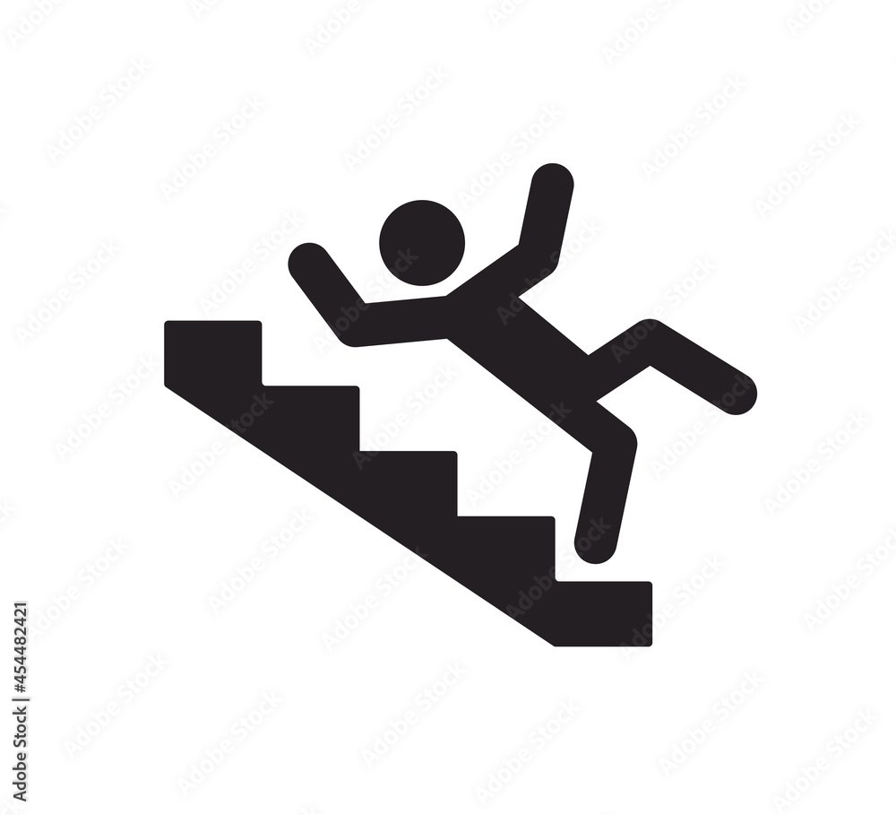 Caution stairway sign. A man falling down the stairs. A sign warning of danger. Slippery stairs icon. Vector illustration isolated on white background. Caution stairway sign. A man falling down the stairs. A sign warning of danger. Slippery stairs icon. Vector illustration isolated on white background.