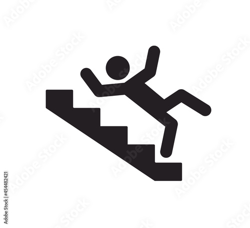 Caution stairway sign. A man falling down the stairs. A sign warning of danger. Slippery stairs icon. Vector illustration isolated on white background.