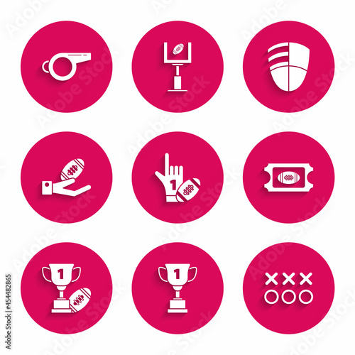 Set Number 1 one fan hand glove with finger raised and american football ball, Award cup, Planning strategy concept, American Football ticket, club logo template and Whistle icon. Vector