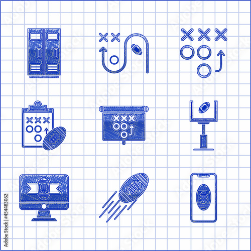 Set Planning strategy concept, Smartphone with american football the screen, goal post and, tv program, and Locker or changing room for football, basketball team or workers icon. Vector