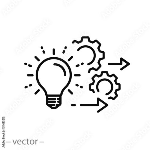 implement idea icon, solution execute develop, configuration cogwheel with light bulb, innovation analysis process, success industry preferences, vector illustration eps10 photo