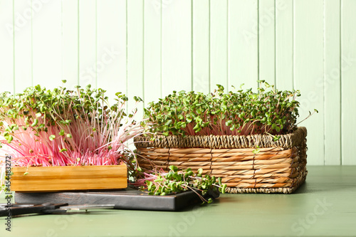 Fresh micro green and scissors on color wooden background