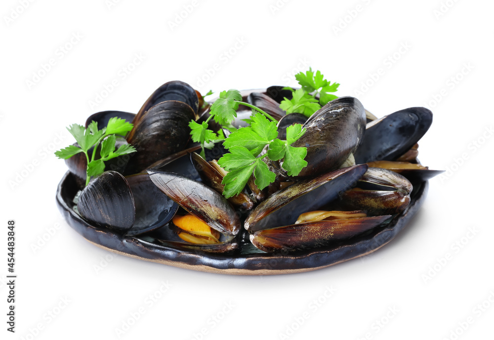 Plate with raw mussels on white background Plate with raw mussels on white background