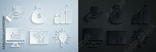 Set Board with graph chart, Pie infographic and coin, Computer monitor, Light bulb rays shine concept of idea, Money bag and hand icon. Vector
