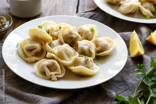 Boiled meat dumplings in a white plate. The concept of a delicious lunch or dinner. Dumplings with green onions.