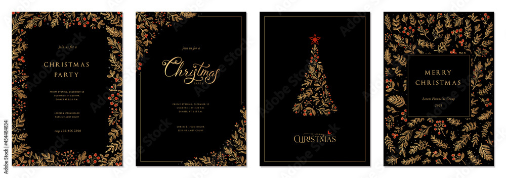 Merry Christmas and Happy Holidays cards with New Year tree, floral frames and backgrounds design. Modern versatile artistic templates. - obrazy, fototapety, plakaty 