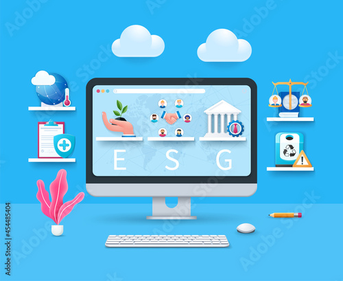 ESG concept. Computer with environmental, social, governance icons on screen. Web vector illustration in 3D style