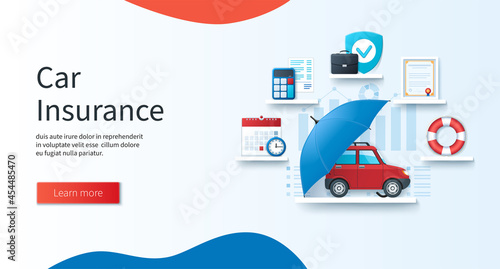 Car insurance concept. Schedule, calculation, guarantee, certificate, support icons. Auto care and protection banner. Web vector illustrations in 3D style