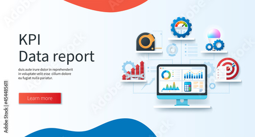 Key Performance Indicator data report banner. Computer with graphs and charts on screen. Measure, development, efficiency, implementation, objective icons. Business concept. Web vector landing page te