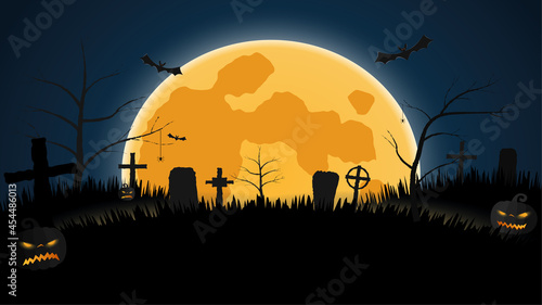 Night background for halloween with evil pumpkins, graveyard, bats, spiders on background of a large glowing moon. Template for banners, invitations, discounts, promotions for autumn holidays. Vector