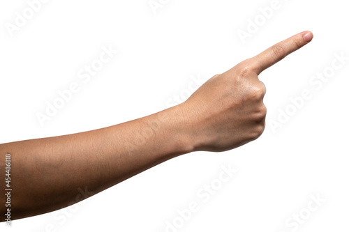 Woman hand touching or pointing to something isolated on white background.