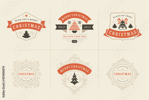 Merry Christmas vector ornate labels and badges set happy new year and holidays wishes