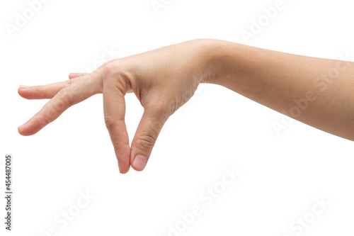 Tableau sur toile Woman hand picking something  isolated on white background.