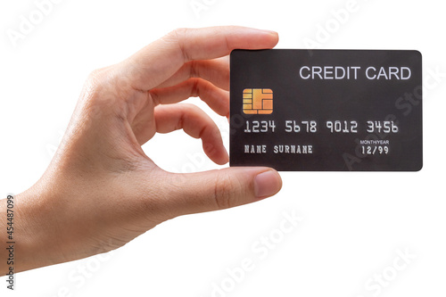 Woman hand hold black credit card isolated on white background.