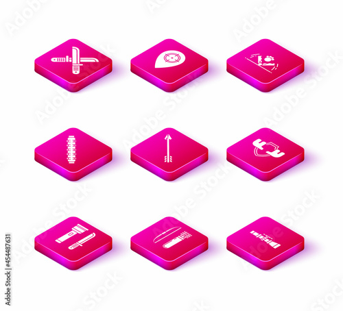Set Flashlight and knife, Bow arrow in quiver, Hunting cartridge belt with cartridges, Hipster, Sniper optical sight, Moose horns on shield, Trap hunting and place icon. Vector