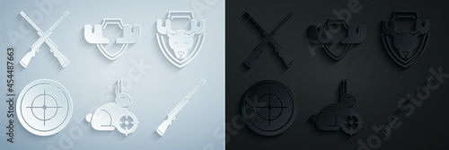 Set Hunt on rabbit with crosshairs, Moose head shield, Target sport for shooting competition, Hunting gun, horns and Two crossed shotguns icon. Vector