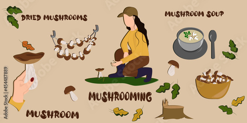 Boletus edulis. Mushrooms. Set. Mushroom picking. Young brunette woman picks mushrooms in the forest. Cartoon flat vector illustration Selfie with mushroom. Flat vector.