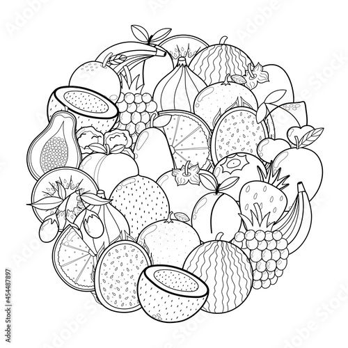 Doodle fruits circle shape pattern for coloring book. Food mandala coloring page. Black and white print with coconut, dragon fruit, watermelon, etc. Vector illustration