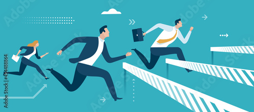Overcoming business obstacles. Workers jump over rising obstacles like hurdle race. Business vector illustration