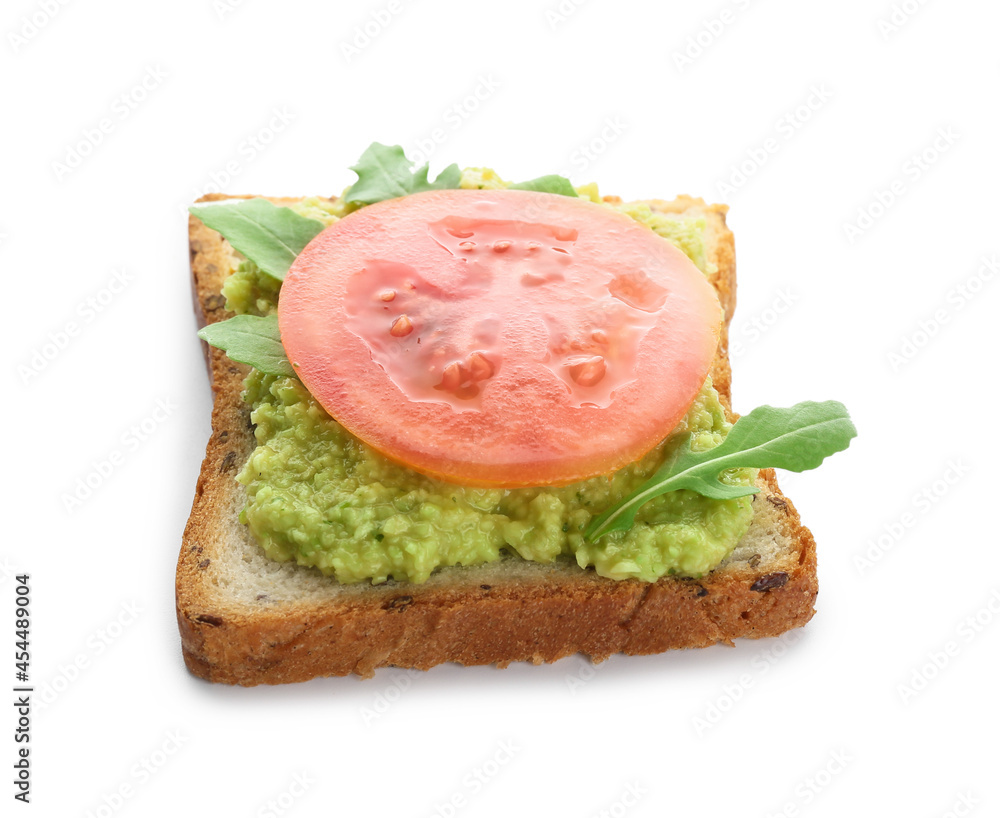Tasty sandwich with guacamole and tomato on white background Tasty sandwich with guacamole and tomato on white background