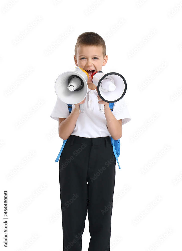 Cute schoolboy with megaphones on white background Cute schoolboy with megaphones on white background