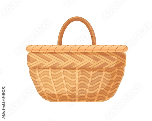 Empty straw basket. Single-handle wicker. Realistic wickerwork. Garden basket...