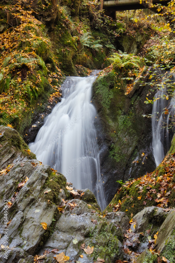 Rausch waterfall behind rocks in the Rhineland Palatinate forest of Germany on a fall day.