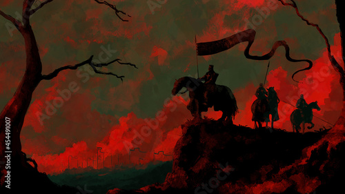 Quadro em tela Knights on horseback stand on the cliff, armed with spears with waving flags