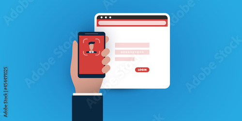 Face Recognition Concept Design -  User Authentication by Face for a Website or an Online Service on Smartphone - Vector Illustration