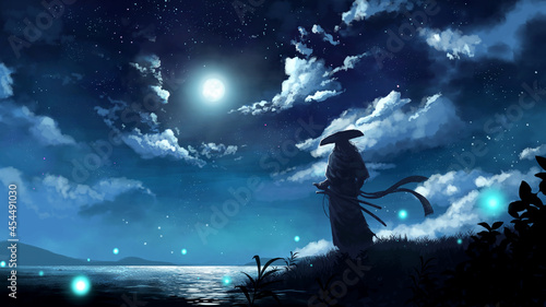 samurai with swords and kasa stands against the background of the night starry sky with clouds. The moon is reflected in the river, fireflies shine, mountains in the distance  photo