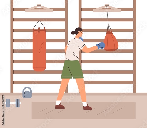 Woman hitting boxing punching bag with hand in gloves. Female fighter training in gym. Strength exercises, workout and practice of boxer. Flat vector illustration of athlete in sportswear working out