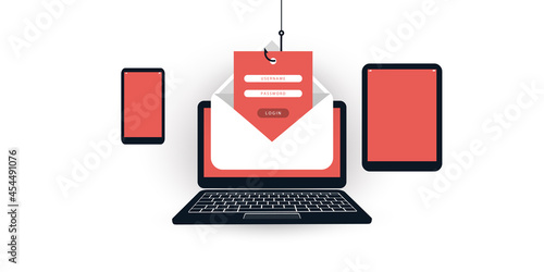 Internet Phishing, Account Hacking Attempt by Malicious Email - Hacker Activity, Data Theft, Hacked, Stolen Login Credentials and Password, Cyber Crime and Network Security Vector Concept Illustration
